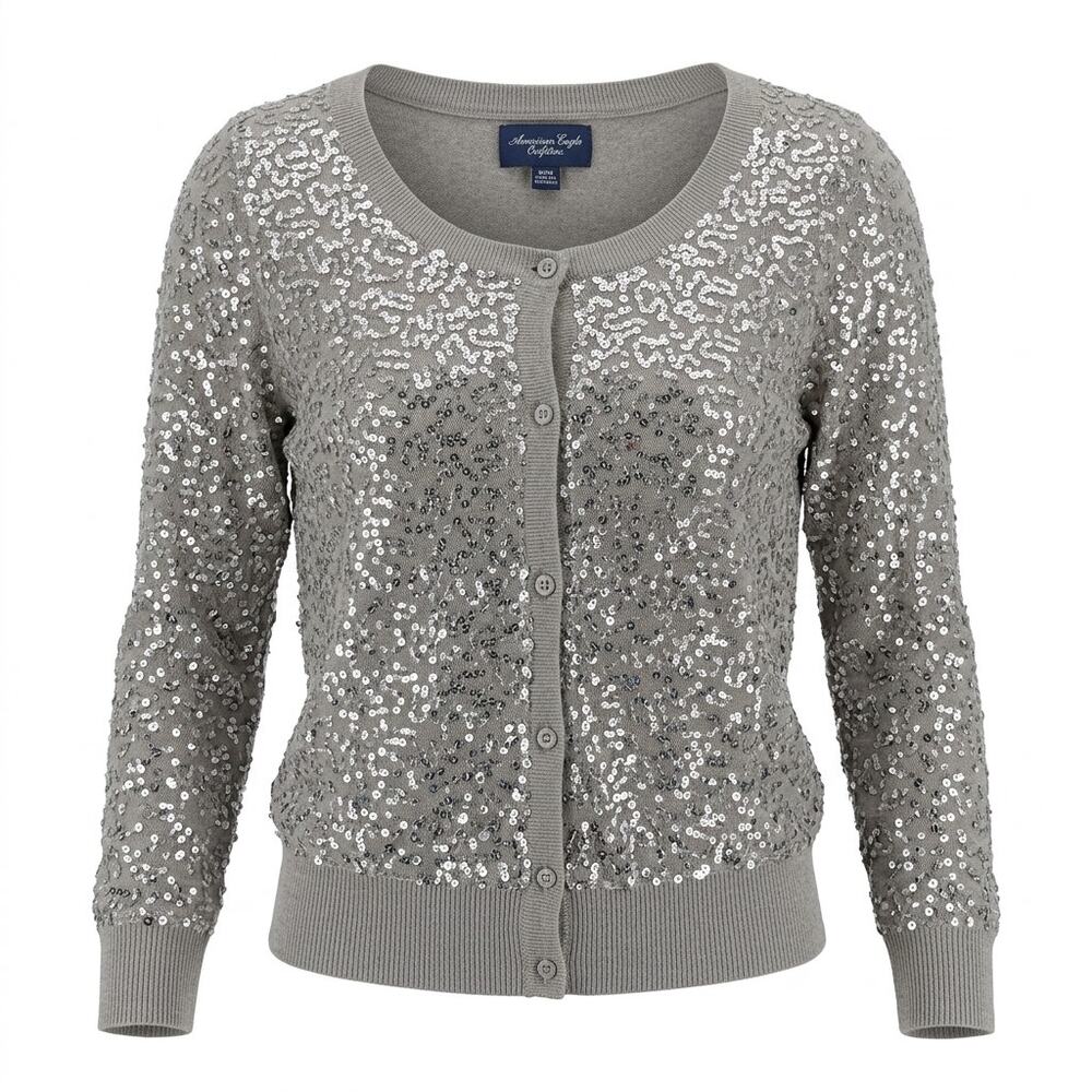 American Eagle Outfitters Gray Sequin Scoop Neck Knit Sweater Women Size XS